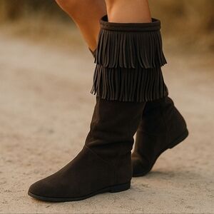 Gianni Bini Fringe Suede Boots - Brown